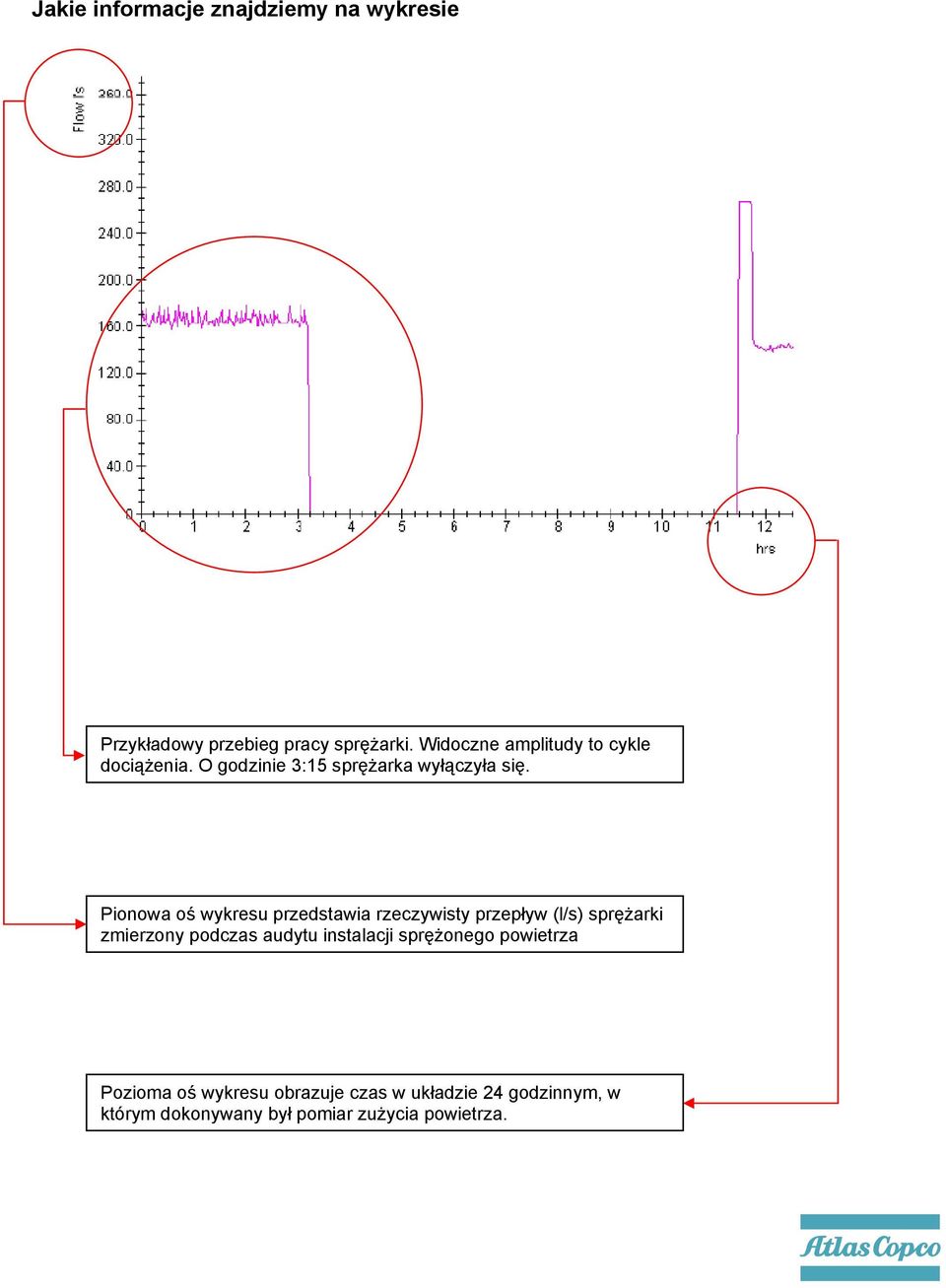 Pionowa oś wykresu przedstawia rzeczywisty przepływ (l/s) sprężarki zmierzony podczas audytu