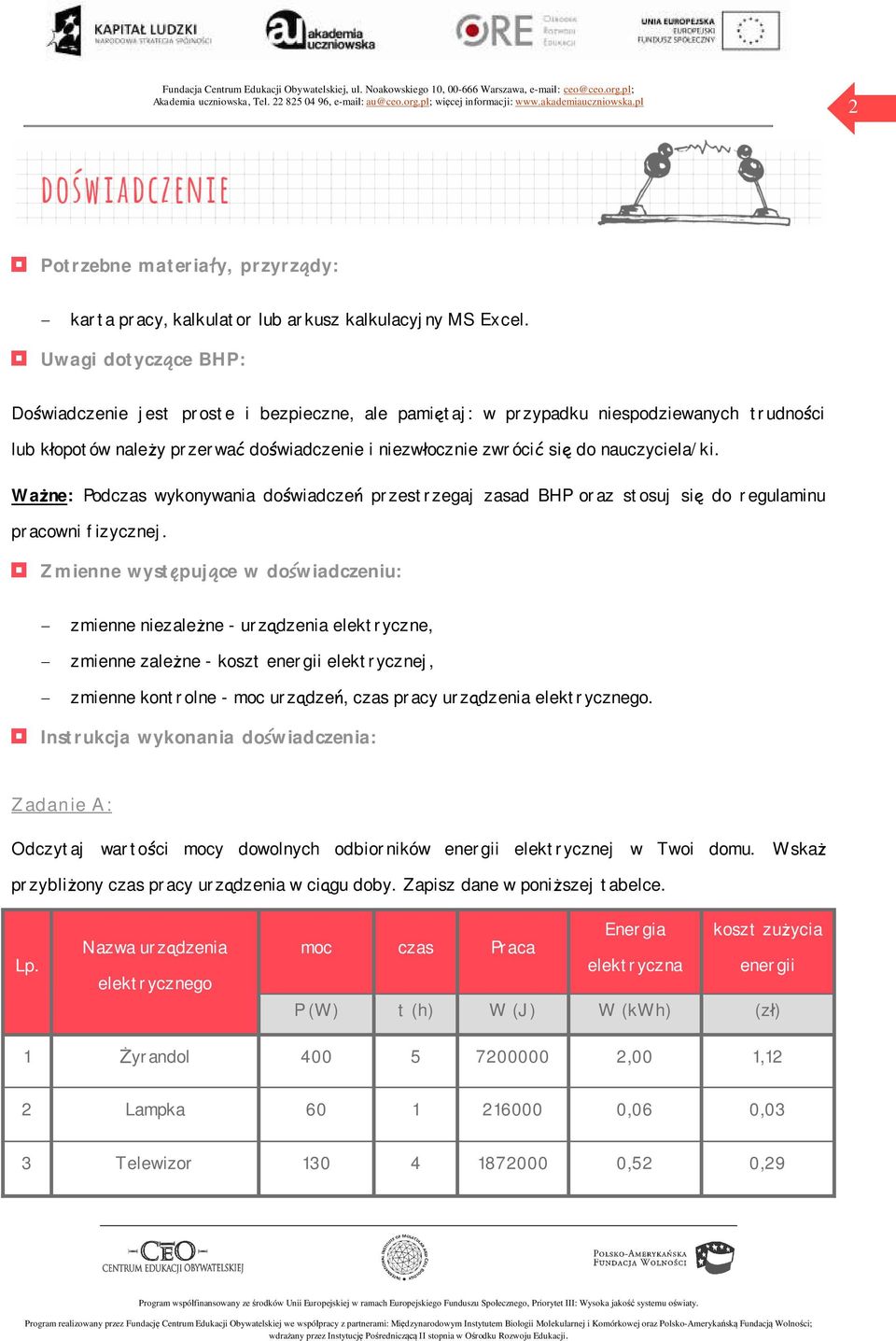 nauczyciela/ki. Ważne: Podczas wykonywania doświadczeń przestrzegaj zasad BHP oraz stosuj się do regulaminu pracowni fizycznej.