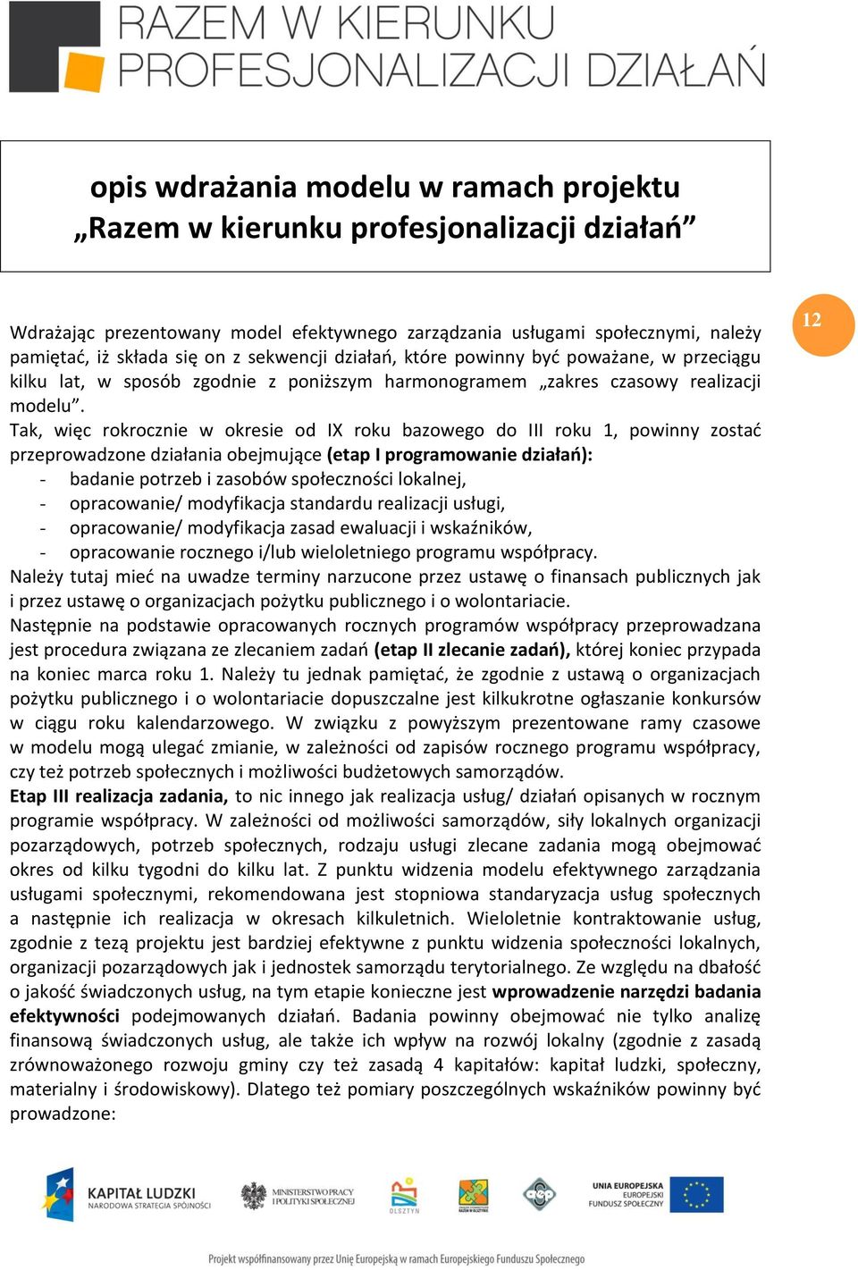 Tak, więc rokrocznie w okresie od IX roku bazowego do III roku 1, powinny zostać przeprowadzone działania obejmujące (etap I programowanie działań): - badanie potrzeb i zasobów społeczności lokalnej,