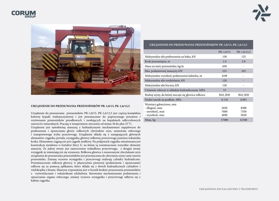 Urządzenie jest samobieżną maszyną z hydraulicznymi mechanizmem napędowym do podnoszenia i opuszczania głowic rolkowych chwytaków szyn, ustawienia roboczego i transportowego trybu przeciwwagi.