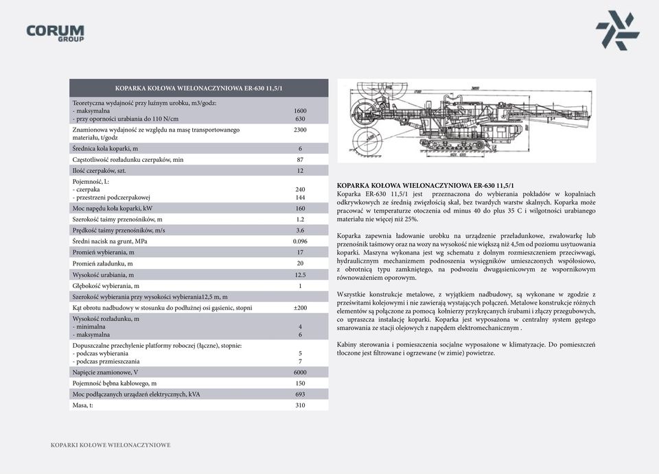 : - czerpaka - przestrzeni podczerpakowej 240 144 Moc napędu koła koparki, kw 160 Szerokość taśmy przenośników, m 1.2 Prędkość taśmy przenośników, m/s 3.6 Średni nacisk na grunt, MPa 0.
