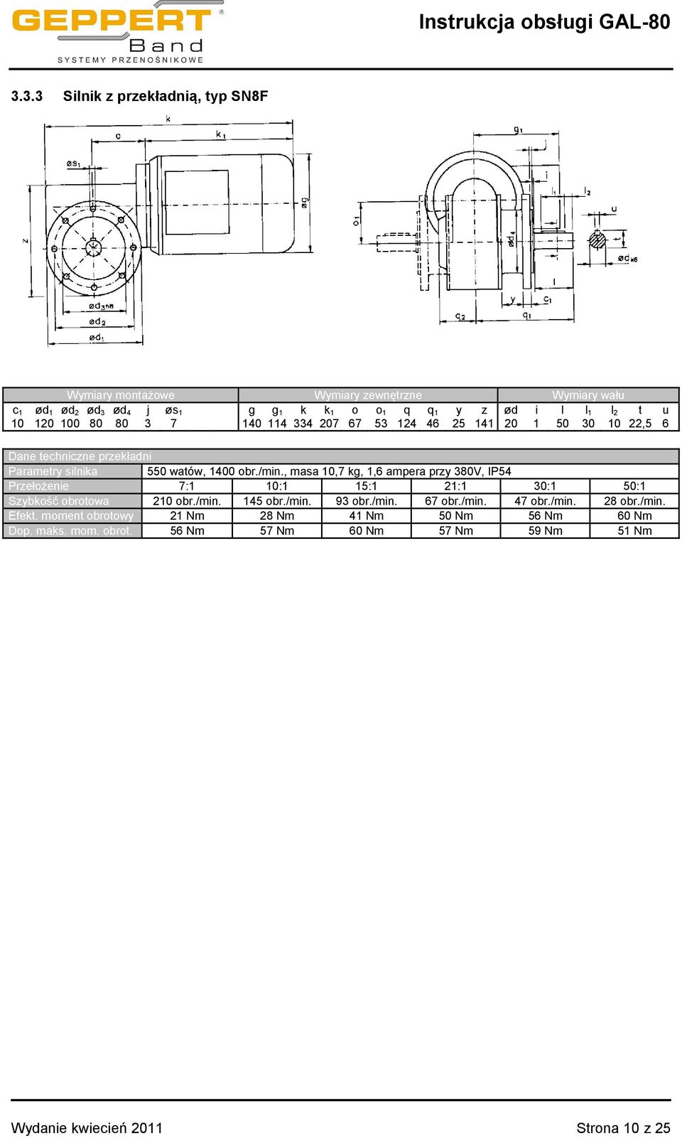 , masa 10,7 kg, 1,6 ampera przy 380V, IP54 Przełożenie 7:1 10:1 15:1 21:1 30:1 50:1 Szybkość obrotowa 210 obr./min. 145 obr./min. 93 obr./min. 67 obr./min. 47 obr.