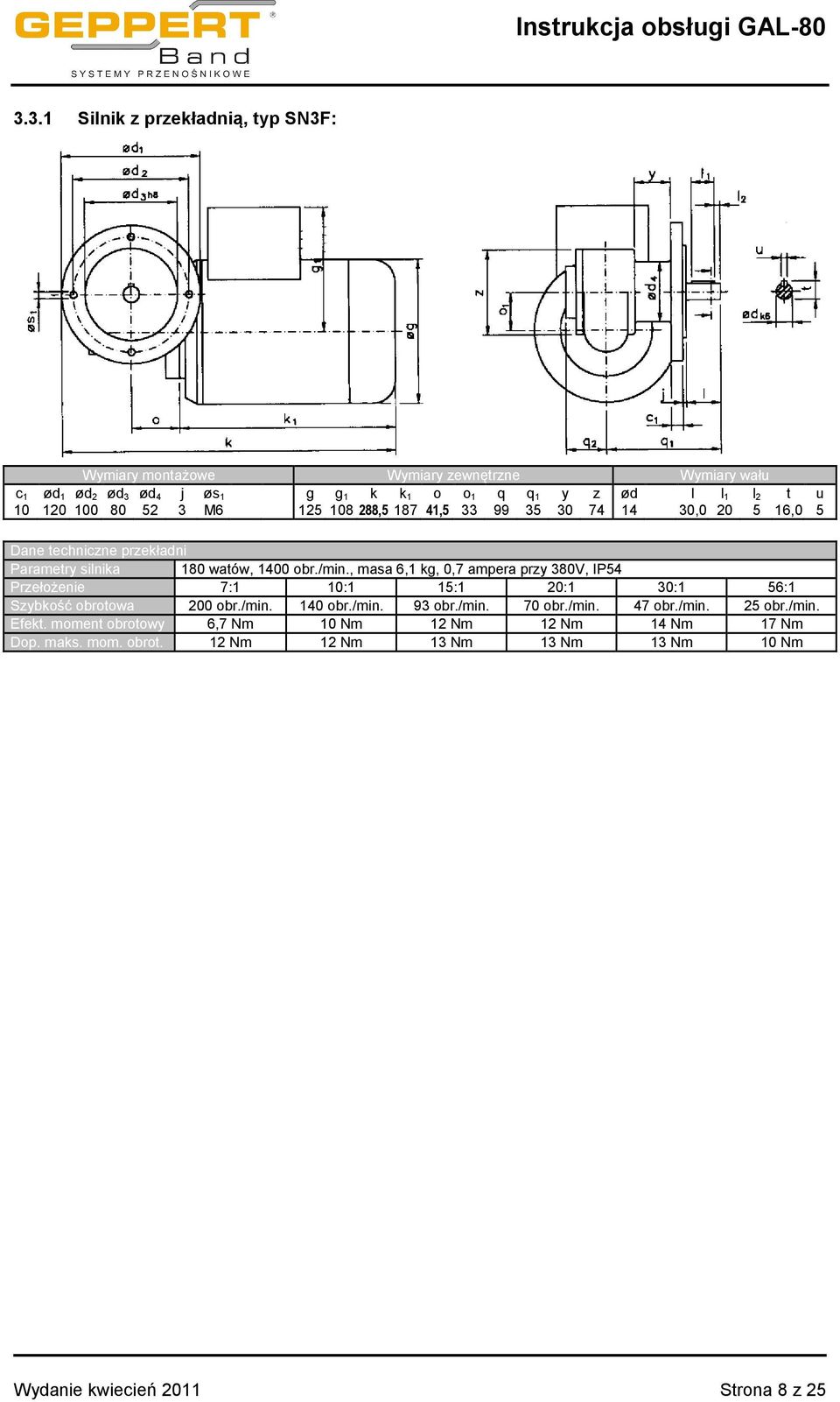 , masa 6,1 kg, 0,7 ampera przy 380V, IP54 Przełożenie 7:1 10:1 15:1 20:1 30:1 56:1 Szybkość obrotowa 200 obr./min. 140 obr./min. 93 obr./min. 70 obr./min. 47 obr.