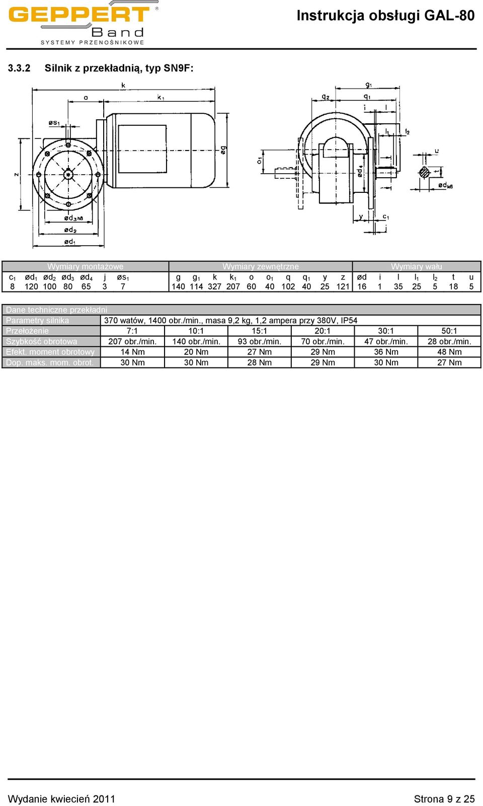 , masa 9,2 kg, 1,2 ampera przy 380V, IP54 Przełożenie 7:1 10:1 15:1 20:1 30:1 50:1 Szybkość obrotowa 207 obr./min. 140 obr./min. 93 obr./min. 70 obr./min. 47 obr.