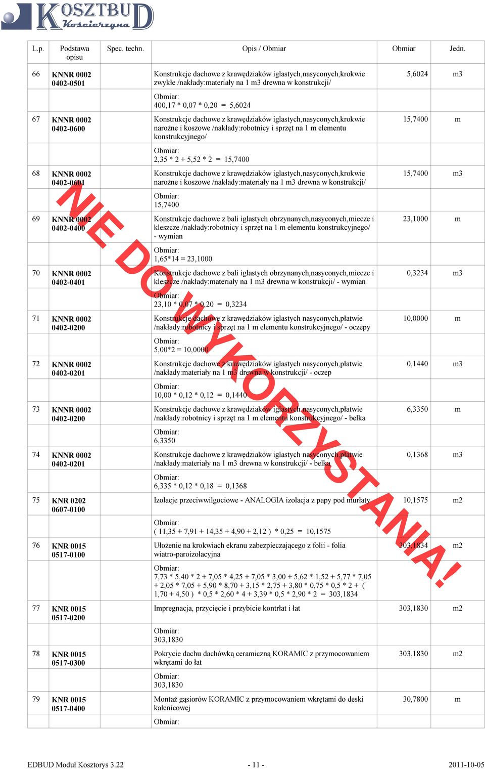 Konstrukcje dachowe z krawędziaków iglastych,nasyconych,krokwie narożne i koszowe /nakłady:materiały na 1 m3 drewna w konstrukcji/ 5,6024 m3 15,7400 m 15,7400 m3 69 KNNR 0002 0402-0400 70 KNNR 0002