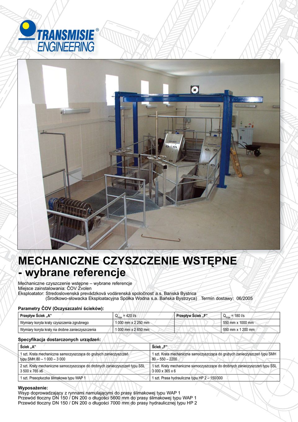 2 650 mm 550 mm x 1 200 mm Ściek A Ściek F 1 szt. Krata mechaniczna samoczyszcząca do grubych zanieczyszczeń typu SMH 80 1 000 3 000 1 szt.