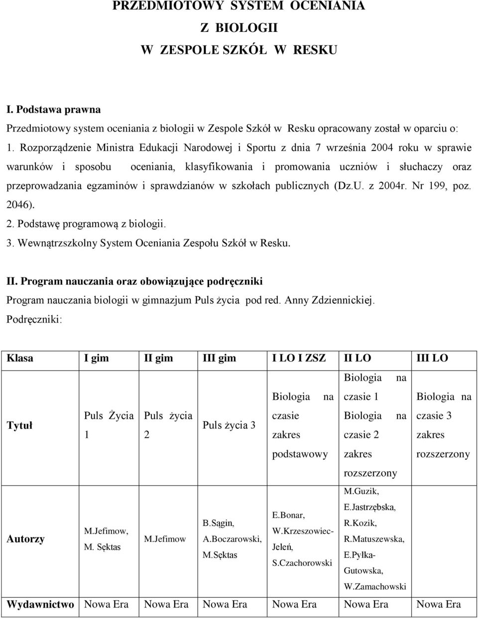 i sprawdzianów w szkołach publicznych (Dz.U. z 2004r. Nr 199, poz. 2046). 2. Podstawę programową z biologii. 3. Wewnątrzszkolny System Oceniania Zespołu Szkół w Resku. II.