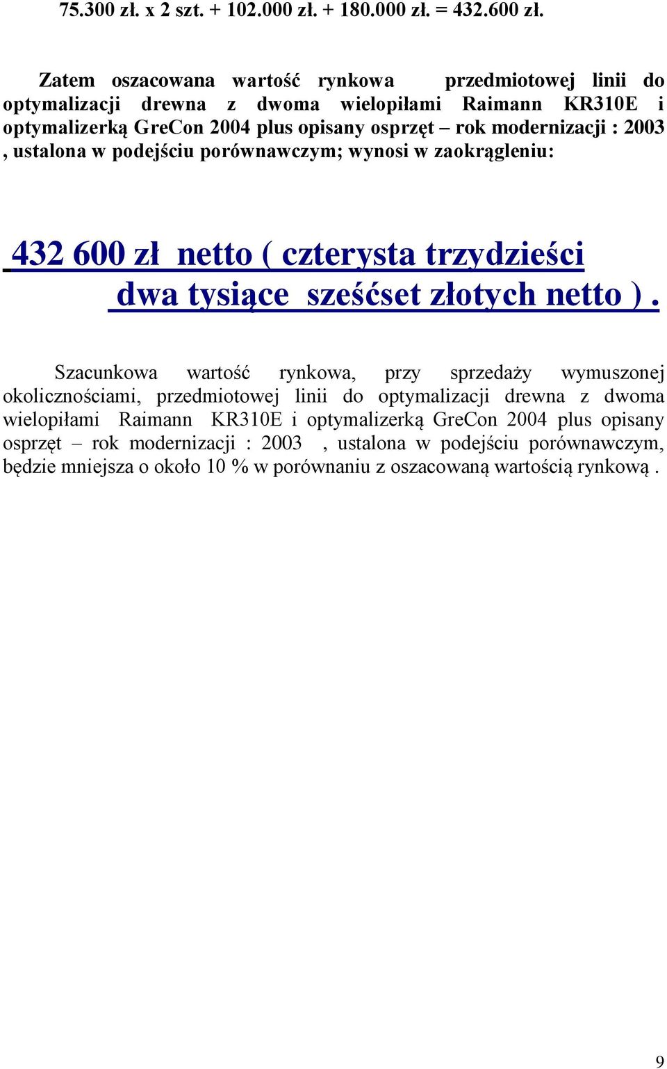 2003, ustalona w podejściu porównawczym; wynosi w zaokrągleniu: 432 600 zł netto ( czterysta trzydzieści dwa tysiące sześćset złotych netto ).