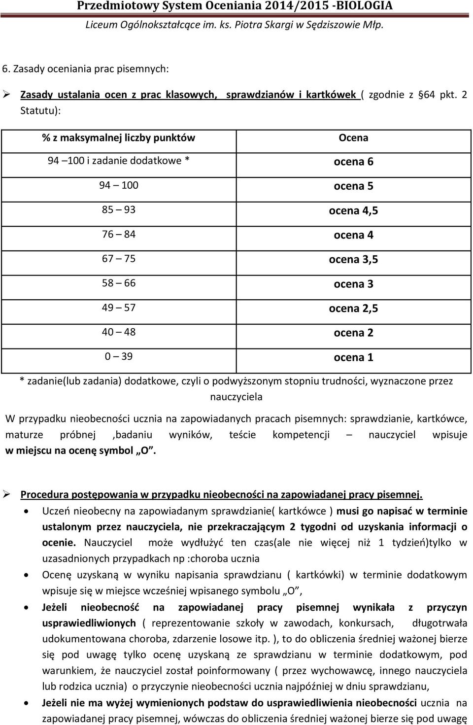 ocena 1 * zadanie(lub zadania) dodatkowe, czyli o podwyższonym stopniu trudności, wyznaczone przez nauczyciela W przypadku nieobecności ucznia na zapowiadanych pracach pisemnych: sprawdzianie,