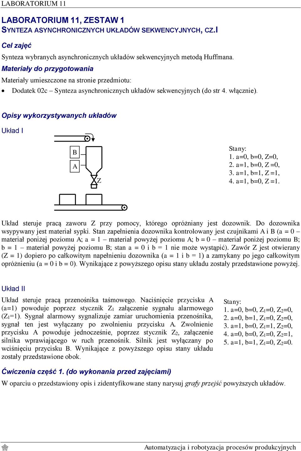 a=0, b=0, Z=0, 2. a=1, b=0, Z =0, 3. a=1, b=1, Z =1, 4. a=1, b=0, Z =1. Układ steruje pracą zaworu Z przy pomocy, którego opróżniany jest dozownik. Do dozownika wsypywany jest materiał sypki.