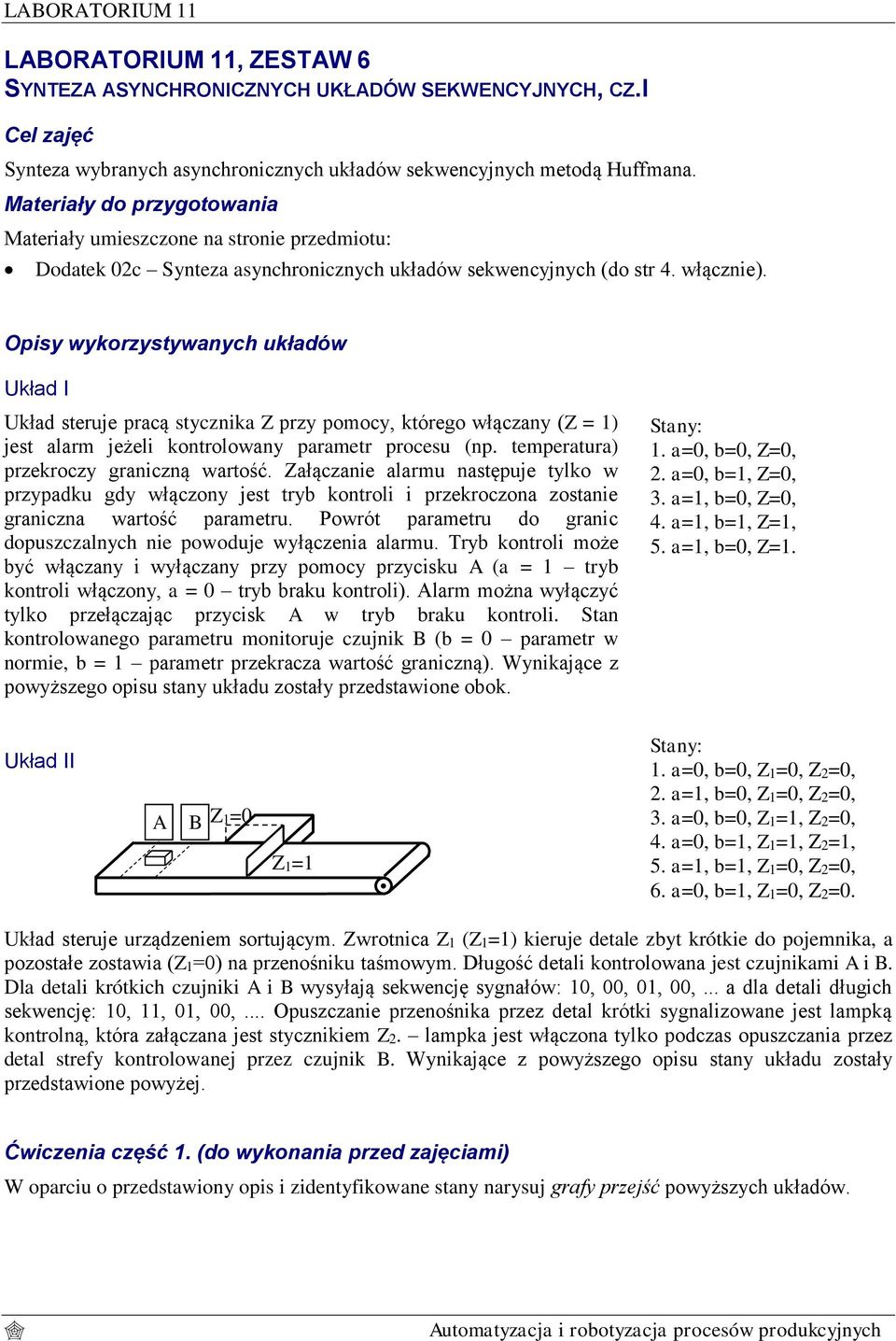 Opisy wykorzystywanych układów Układ I Układ steruje pracą stycznika Z przy pomocy, którego włączany (Z = 1) jest alarm jeżeli kontrolowany parametr procesu (np.