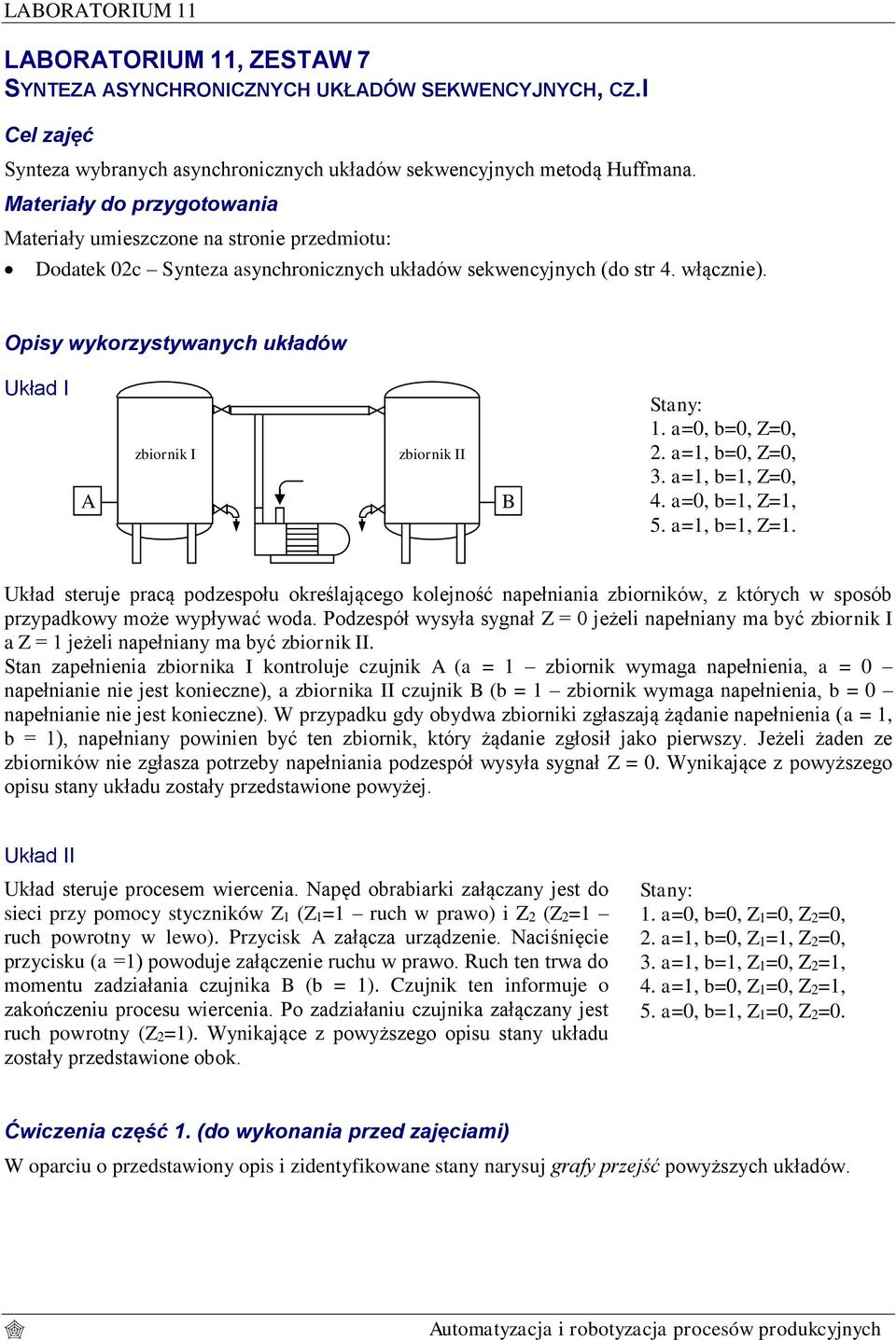 Opisy wykorzystywanych układów Układ I A zbiornik I zbiornik II B 1. a=0, b=0, Z=0, 2. a=1, b=0, Z=0, 3. a=1, b=1, Z=0, 4. a=0, b=1, Z=1, 5. a=1, b=1, Z=1.