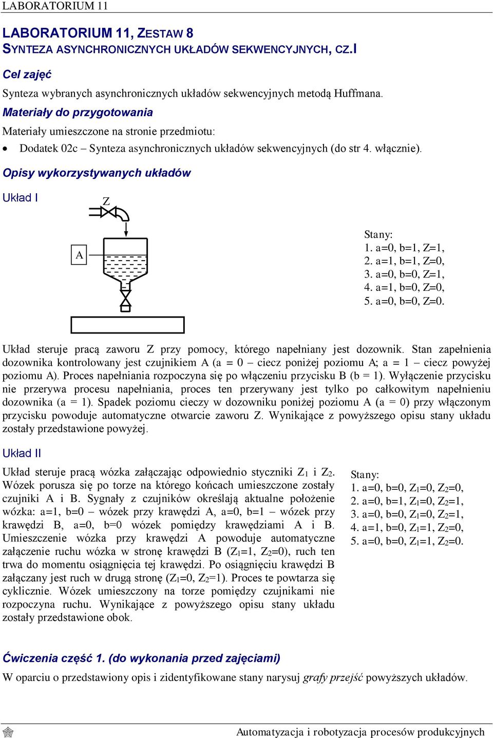 a=0, b=1, Z=1, 2. a=1, b=1, Z=0, 3. a=0, b=0, Z=1, 4. a=1, b=0, Z=0, 5. a=0, b=0, Z=0. Układ steruje pracą zaworu Z przy pomocy, którego napełniany jest dozownik.