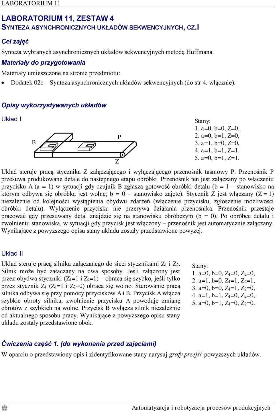 a=0, b=0, Z=0, 2. a=0, b=1, Z=0, 3. a=1, b=0, Z=0, 4. a=1, b=1, Z=1, 5. a=0, b=1, Z=1. Układ steruje pracą stycznika Z załączającego i wyłączającego przenośnik taśmowy P.