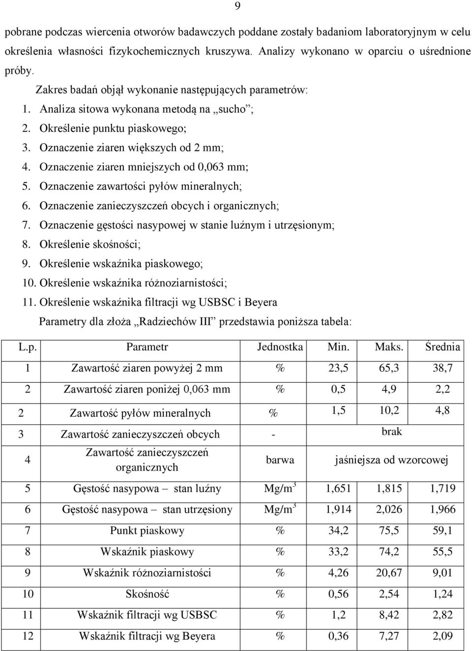 Oznaczenie ziaren mniejszych od 0,063 mm; 5. Oznaczenie zawartości pyłów mineralnych; 6. Oznaczenie zanieczyszczeń obcych i organicznych; 7.