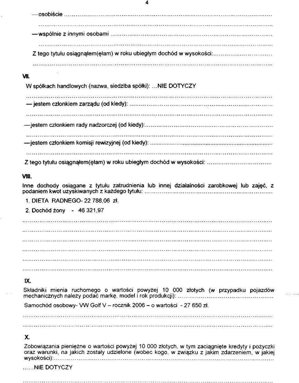 Inne dochody osiągane z tytułu zatrudnienia lub innej działalności zarobkowej lub zajęć, z podaniem kwot uzyskiwanych z każdego tytułu: 1. DIETA RADNEGO-22 788,06 zł. 2. Dochód żony - 46 321,97 IX.