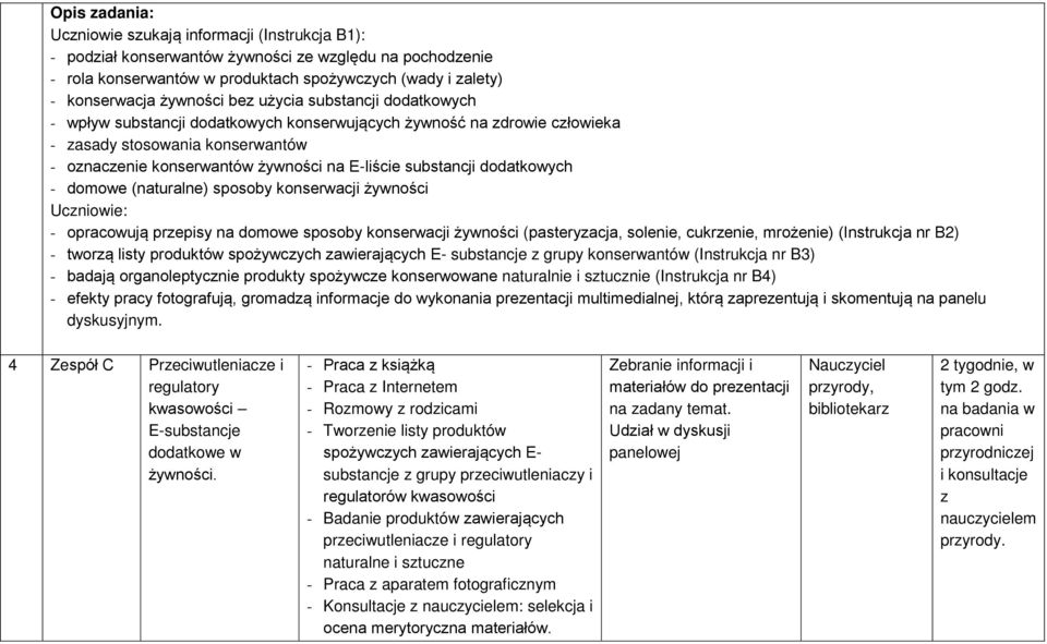 substancji dodatkowych - domowe (naturalne) sposoby konserwacji żywności Uczniowie: - opracowują przepisy na domowe sposoby konserwacji żywności (pasteryzacja, solenie, cukrzenie, mrożenie)