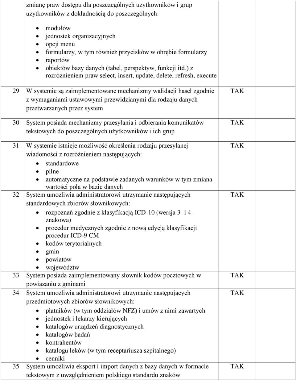 ) z rozróżnieniem praw select, insert, update, delete, refresh, execute 29 W systemie są zaimplementowane mechanizmy walidacji haseł zgodnie z wymaganiami ustawowymi przewidzianymi dla rodzaju danych