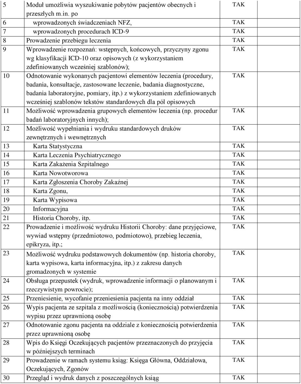 opisowych (z wykorzystaniem zdefiniowanych wcześniej szablonów); 10 Odnotowanie wykonanych pacjentowi elementów leczenia (procedury, badania, konsultacje, zastosowane leczenie, badania diagnostyczne,