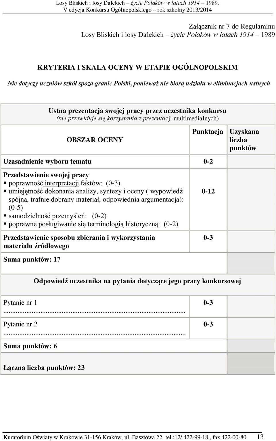 pracy poprawność interpretacji faktów: (0-3) umiejętność dokonania analizy, syntezy i oceny ( wypowiedź spójna, trafnie dobrany materiał, odpowiednia argumentacja): (0-5) samodzielność przemyśleń: