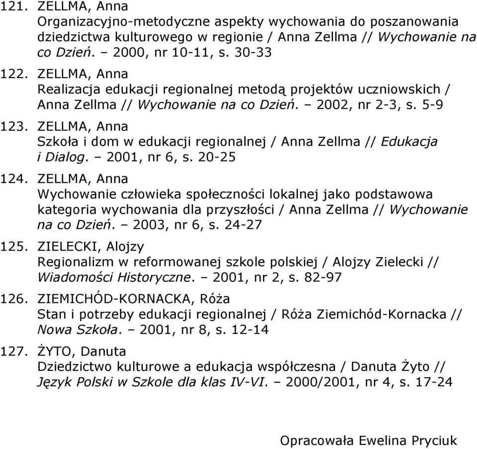 ZELLMA, Anna Szkoła i dom w edukacji regionalnej / Anna Zellma // Edukacja i Dialog. 2001, nr 6, s. 20-25 124.
