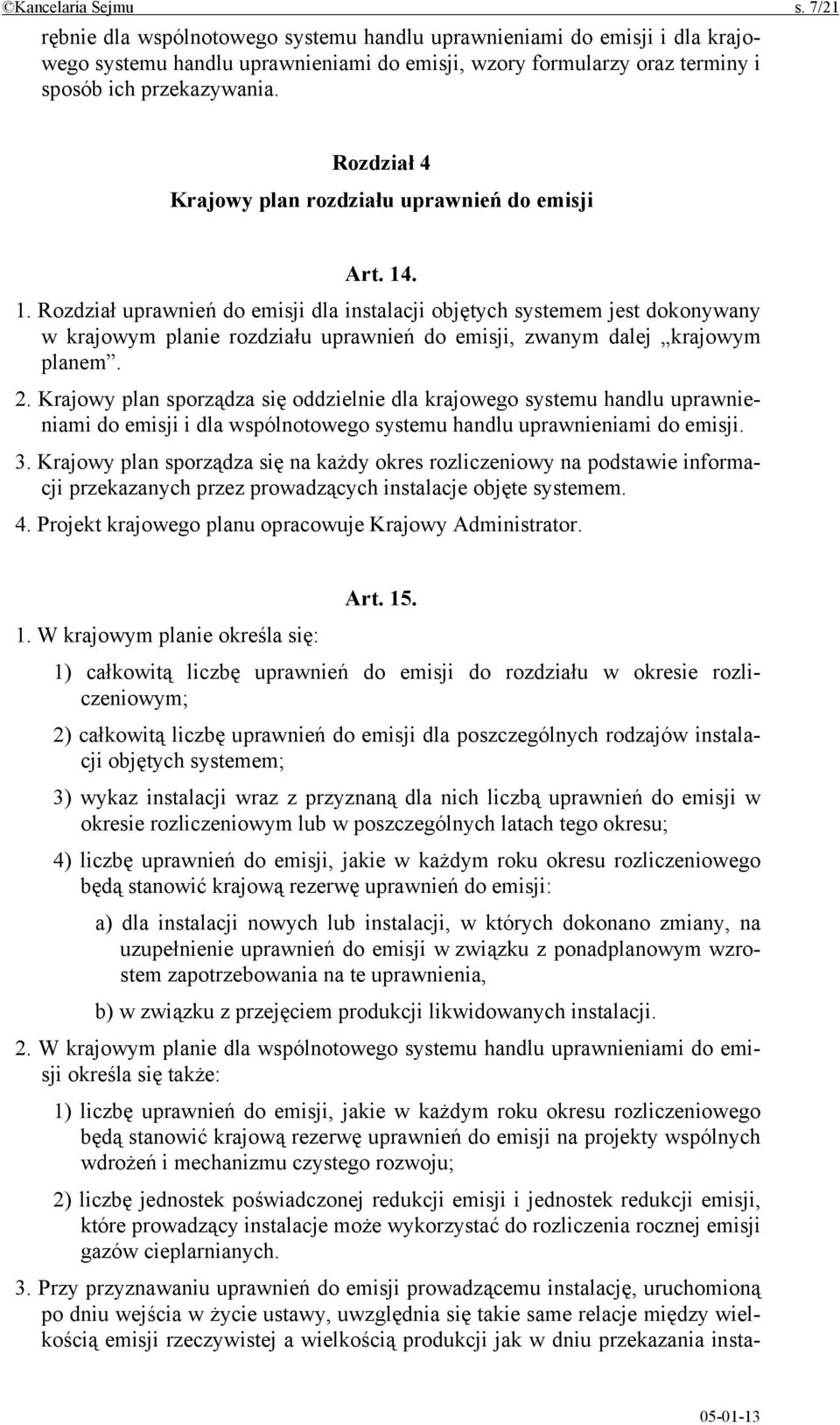 Rozdział 4 Krajowy plan rozdziału uprawnień do emisji Art. 14
