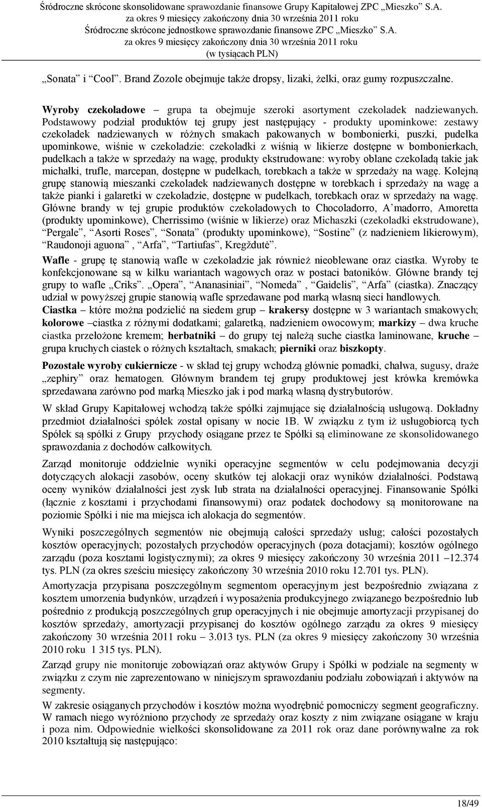 czekoladzie: czekoladki z wiśnią w likierze dostępne w bombonierkach, pudełkach a także w sprzedaży na wagę, produkty ekstrudowane: wyroby oblane czekoladą takie jak michałki, trufle, marcepan,