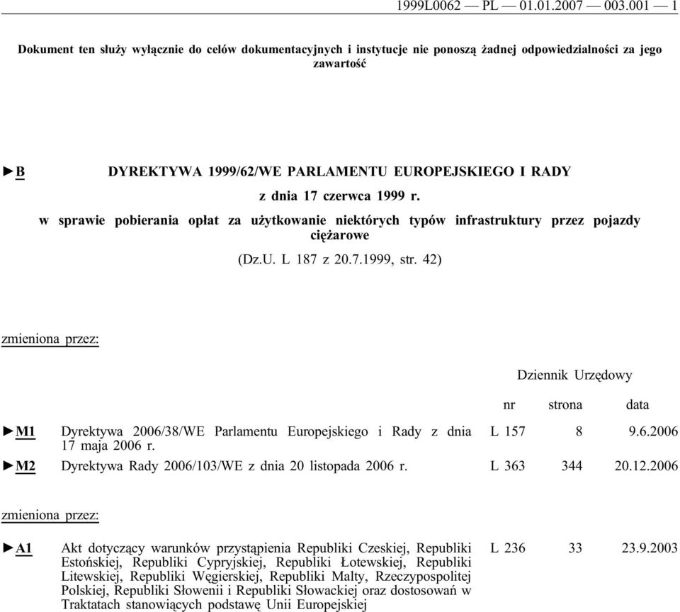 czerwca 1999 r. w sprawie pobierania opłat za użytkowanie niektórych typów infrastruktury przez pojazdy ciężarowe (Dz.U. L 187 z 20.7.1999, str.