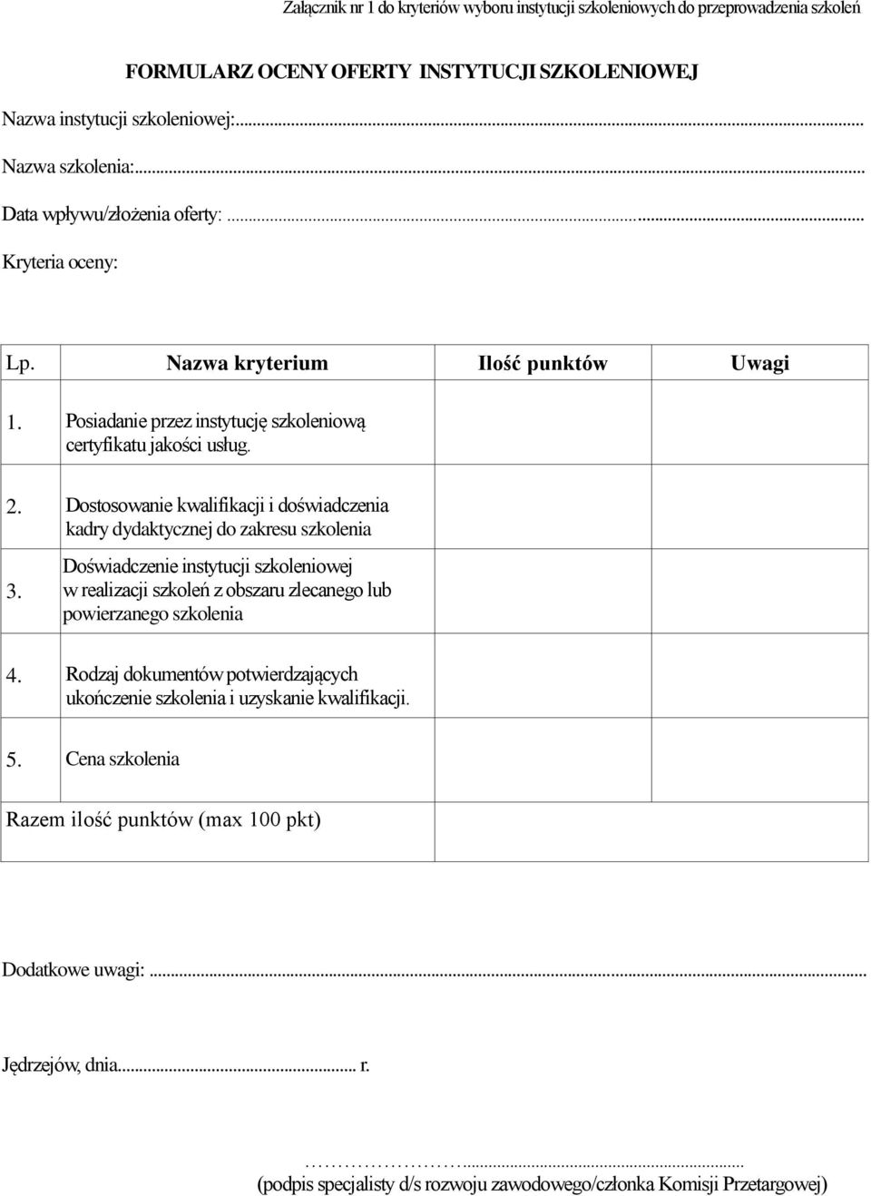 Dostosowanie kwalifikacji i doświadczenia kadry dydaktycznej do zakresu szkolenia 3. Doświadczenie instytucji szkoleniowej w realizacji szkoleń z obszaru zlecanego lub powierzanego szkolenia 4.