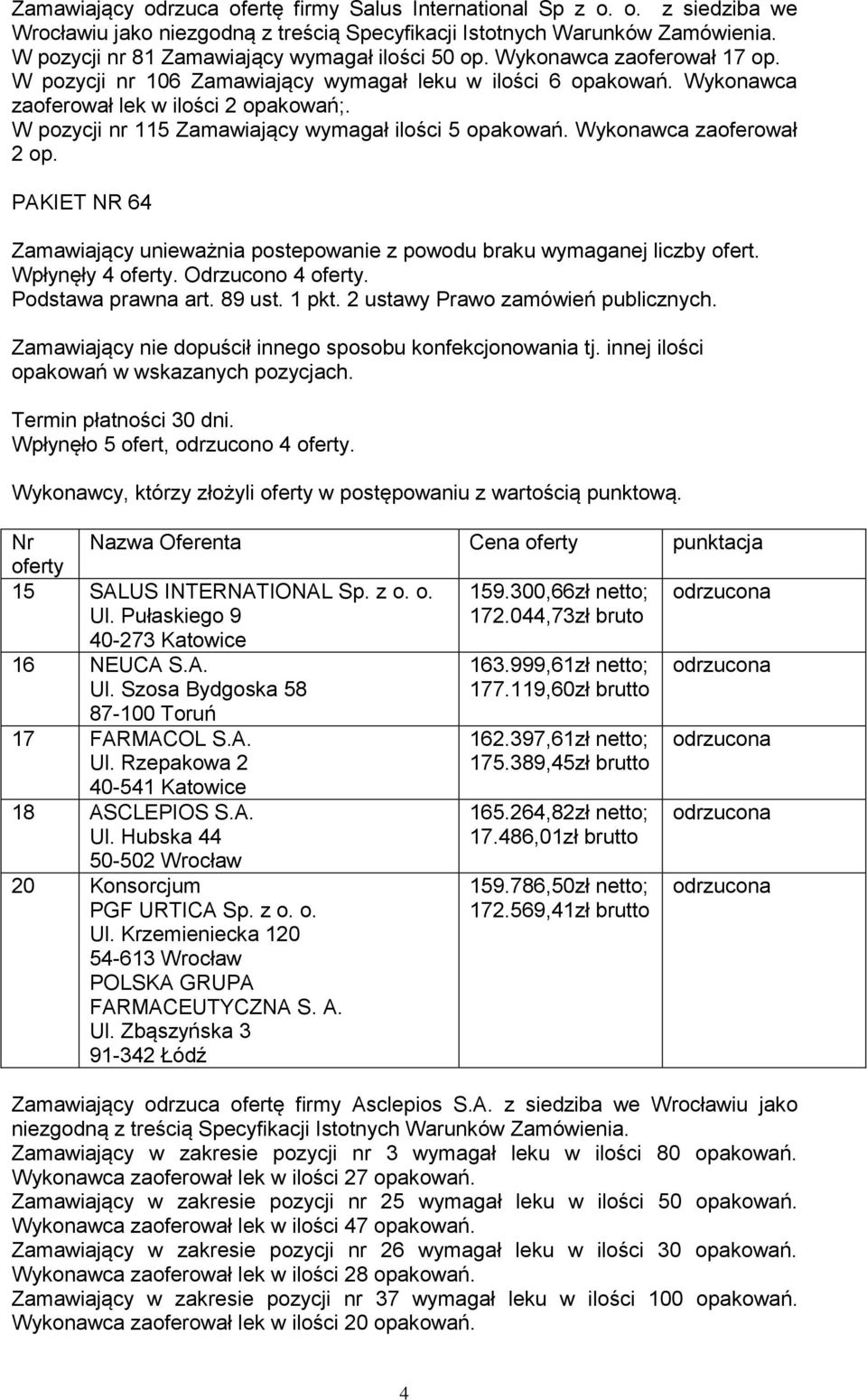 PAKIET NR 64 Zamawiający unieważnia postepowanie z powodu braku wymaganej liczby ofert. Wpłynęły 4 oferty. Odrzucono 4 oferty. Podstawa prawna art. 89 ust. 1 pkt.