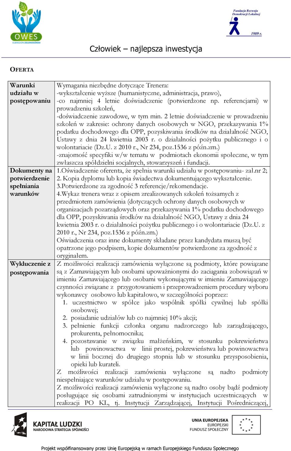 2 letnie doświadczenie w prowadzeniu szkoleń w zakresie: ochrony danych osobowych w NGO, przekazywania 1% podatku dochodowego dla OPP, pozyskiwania środków na działalność NGO, Ustawy z dnia 24