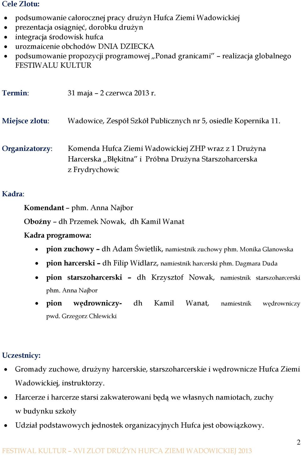 Organizatorzy: Komenda Hufca Ziemi Wadowickiej ZHP wraz z 1 Drużyna Harcerska Błękitna i Próbna Drużyna Starszoharcerska z Frydrychowic Kadra: Komendant phm.