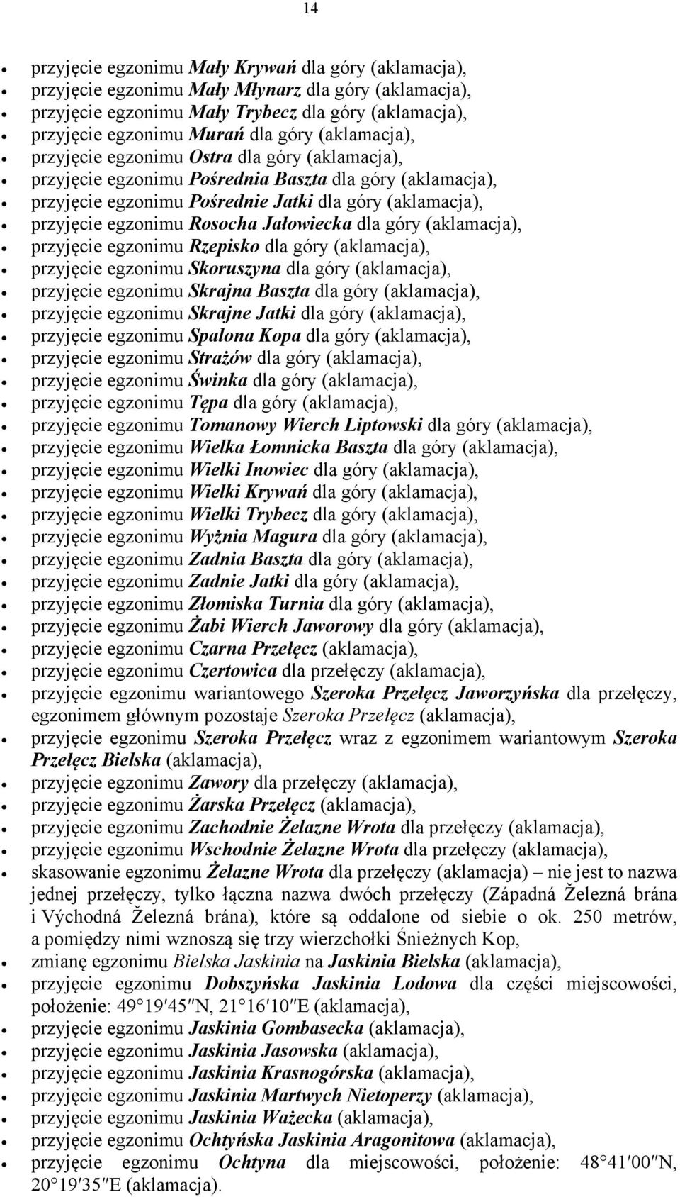 Skoruszyna dla góry przyjęcie egzonimu Skrajna Baszta dla góry przyjęcie egzonimu Skrajne Jatki dla góry przyjęcie egzonimu Spalona Kopa dla góry przyjęcie egzonimu Strażów dla góry przyjęcie