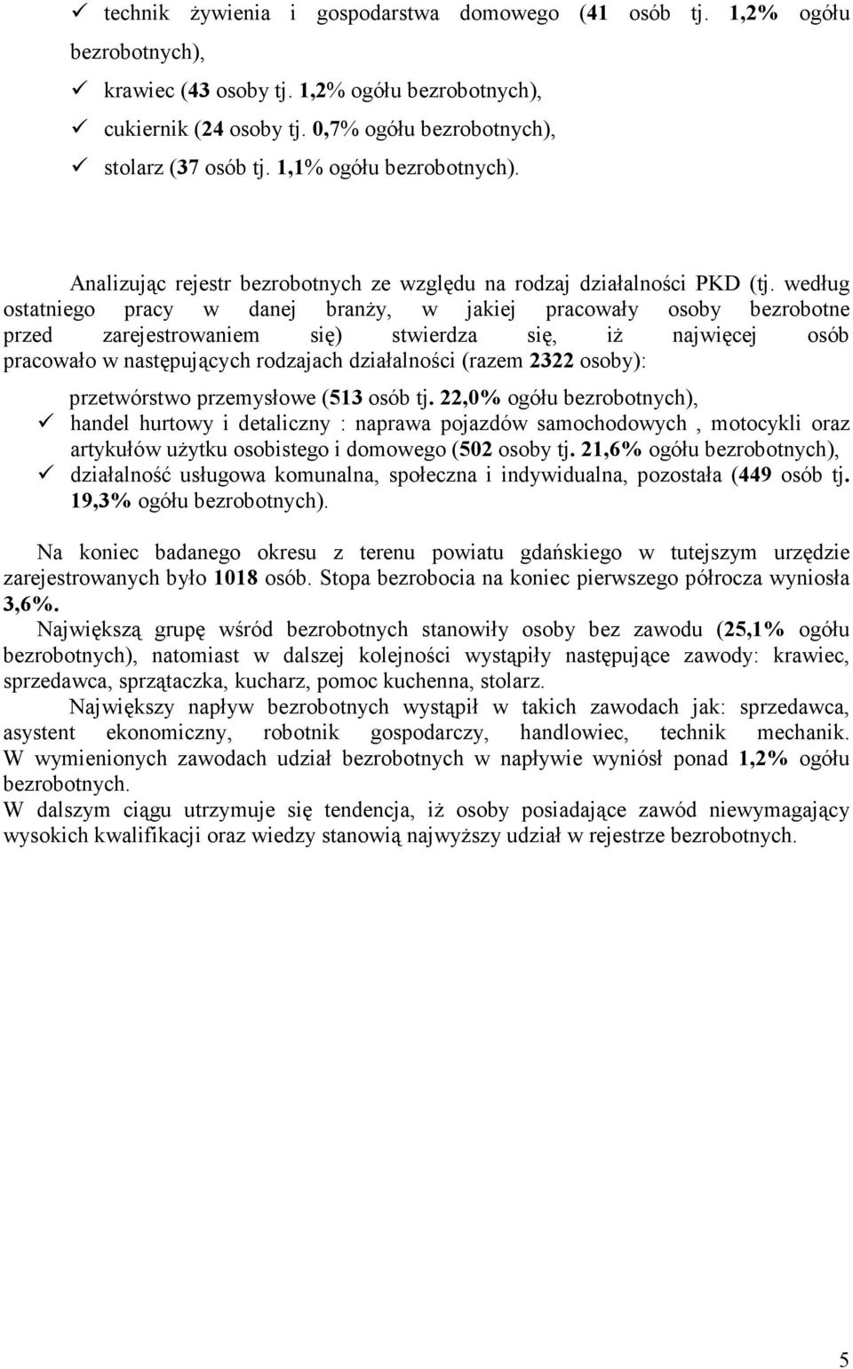 według ostatniego pracy w danej branży, w jaiej pracowały osoby bezrobotne przed zarejestrowaniem się) stwierdza się, iż najwięcej osób pracowało w następujących rodzajach działalności (razem 2322