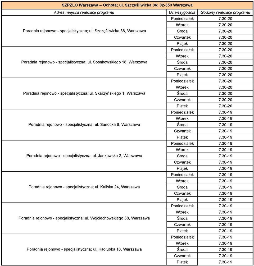 30-20 Czwartek 7.30-20 Piątek 7.30-20 Poradnia rejonowo - specjalistyczna; ul. Sanocka 6, Warszawa Poradnia rejonowo - specjalistyczna; ul.