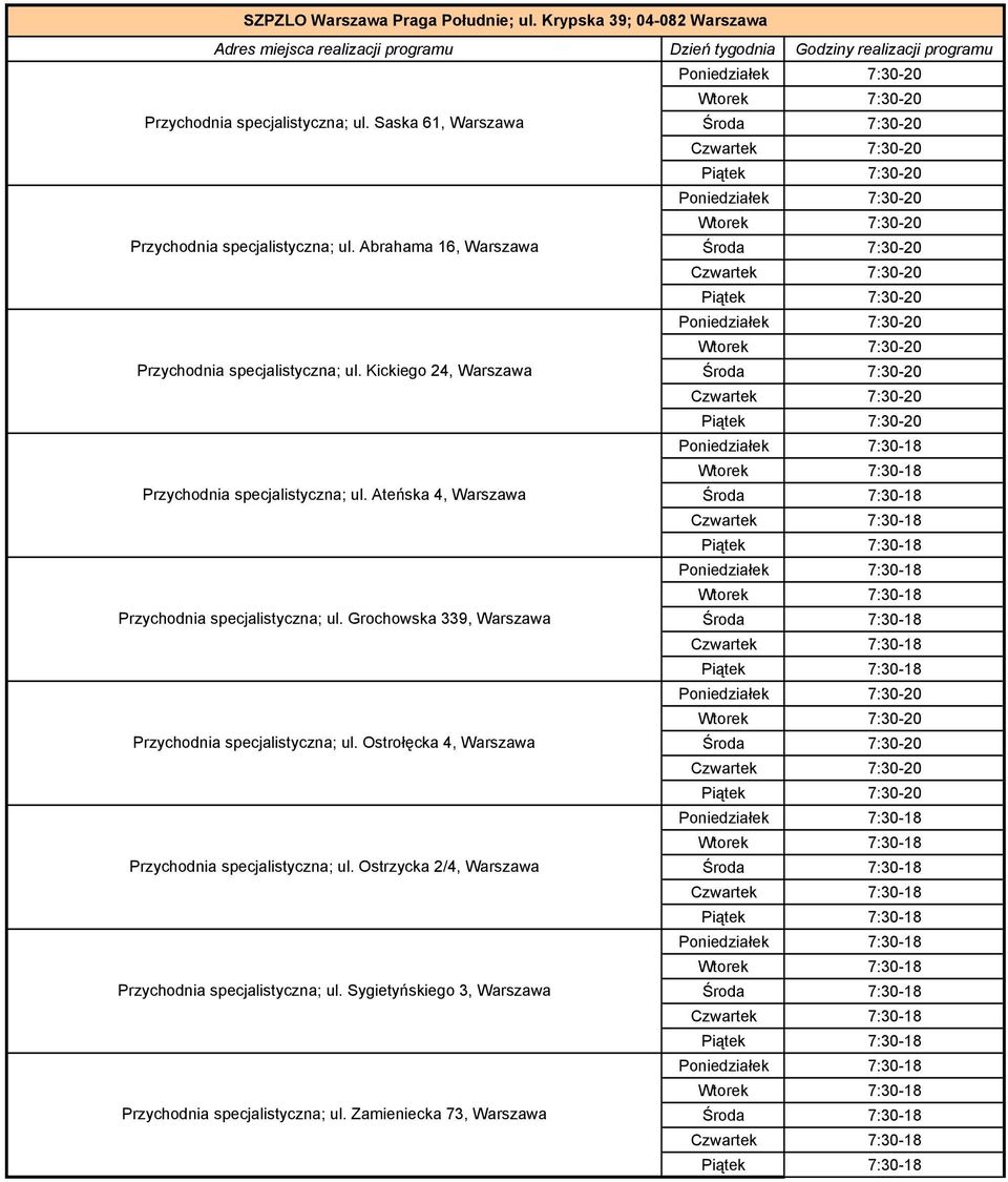 Abrahama 16, Warszawa Środa 7:30-20 Czwartek 7:30-20 Piątek 7:30-20 Poniedziałek 7:30-20 Wtorek 7:30-20 Przychodnia specjalistyczna; ul.