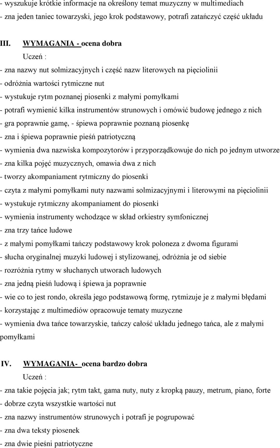 wymienić kilka instrumentów strunowych i omówić budowę jednego z nich - gra poprawnie gamę, - śpiewa poprawnie poznaną piosenkę - zna i śpiewa poprawnie pieśń patriotyczną - wymienia dwa nazwiska