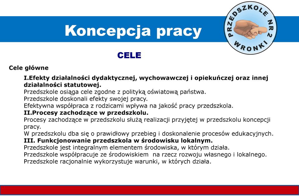 Procesy zachodzące w przedszkolu służą realizacji przyjętej w przedszkolu koncepcji pracy. W przedszkolu dba się o prawidłowy przebieg i doskonalenie procesów edukacyjnych. III.