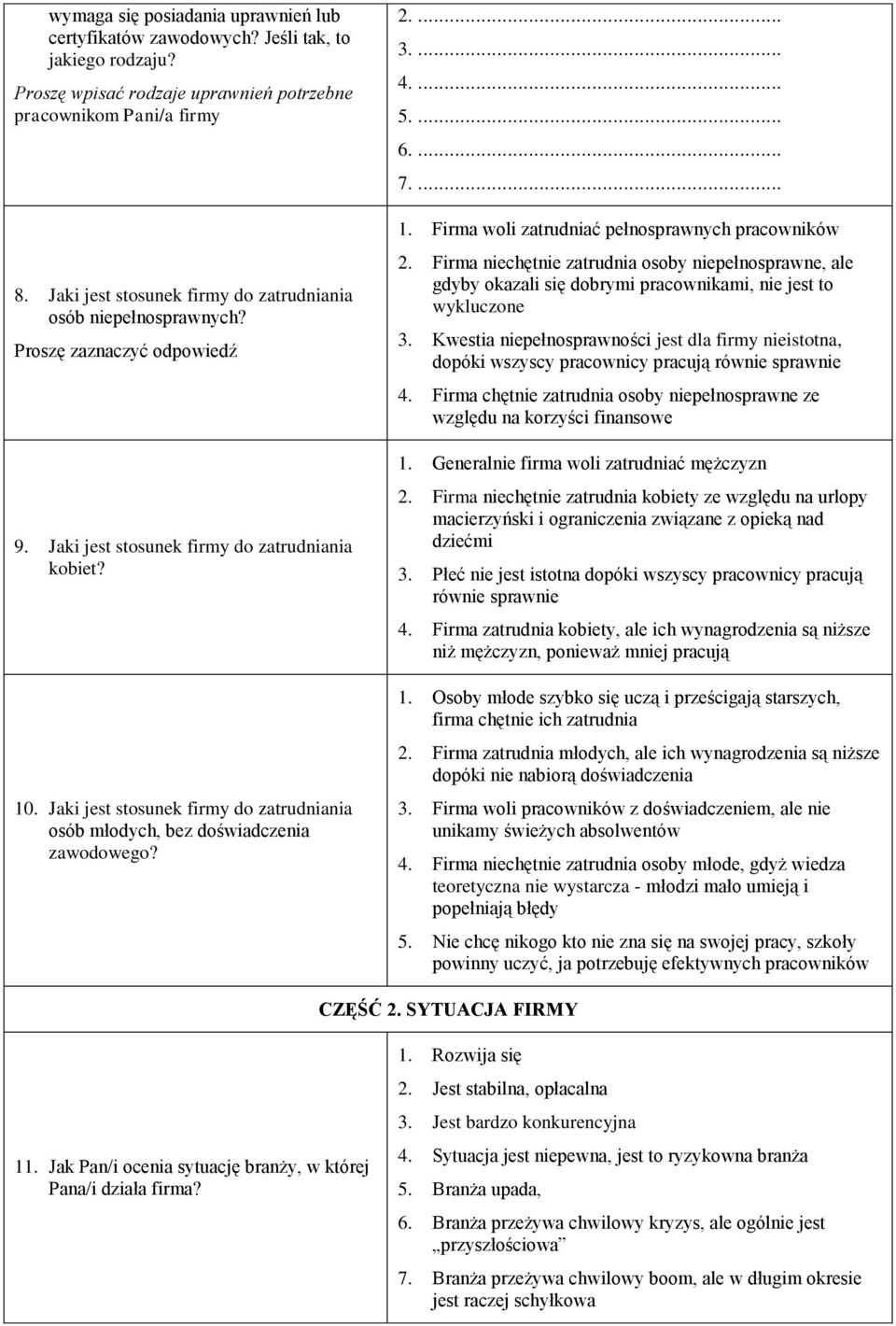 Jaki jest stosunek firmy do zatrudniania osób młodych, bez doświadczenia zawodowego? 2.... 3.... 4.... 5.... 6.... 7.... 1. Firma woli zatrudniać pełnosprawnych pracowników 2.