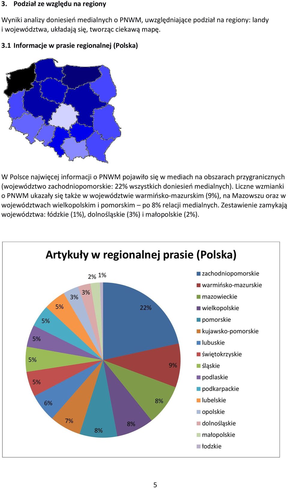 medialnych). Liczne wzmianki o PNWM ukazały się także w województwie warmińsko-mazurskim (9%), na Mazowszu oraz w województwach wielkopolskim i pomorskim po 8% relacji medialnych.