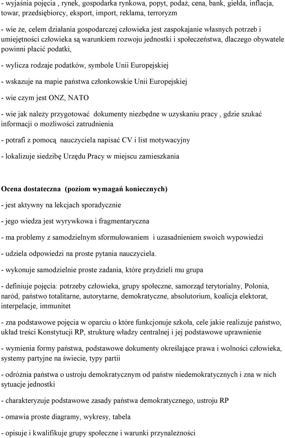 Europejskiej - wskazuje na mapie państwa członkowskie Unii Europejskiej - wie czym jest ONZ, NATO - wie jak należy przygotować dokumenty niezbędne w uzyskaniu pracy, gdzie szukać informacji o