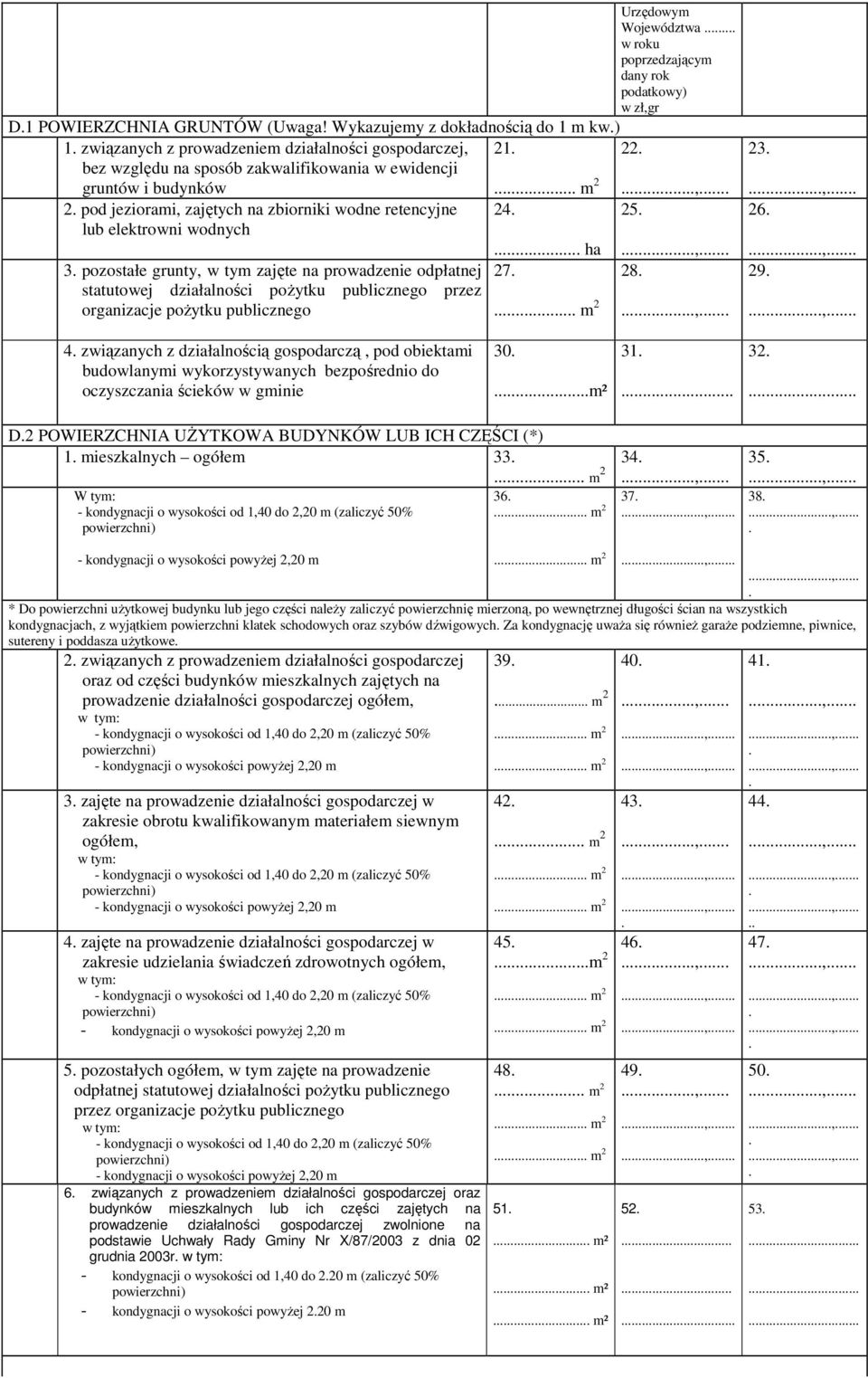 25. lub elektrowni wodnych 3. pozostałe grunty, w tym zajęte na prowadzenie odpłatnej statutowej działalności poŝytku publicznego przez organizacje poŝytku publicznego... ha 27.... m 2 28. 23. 26. 29.