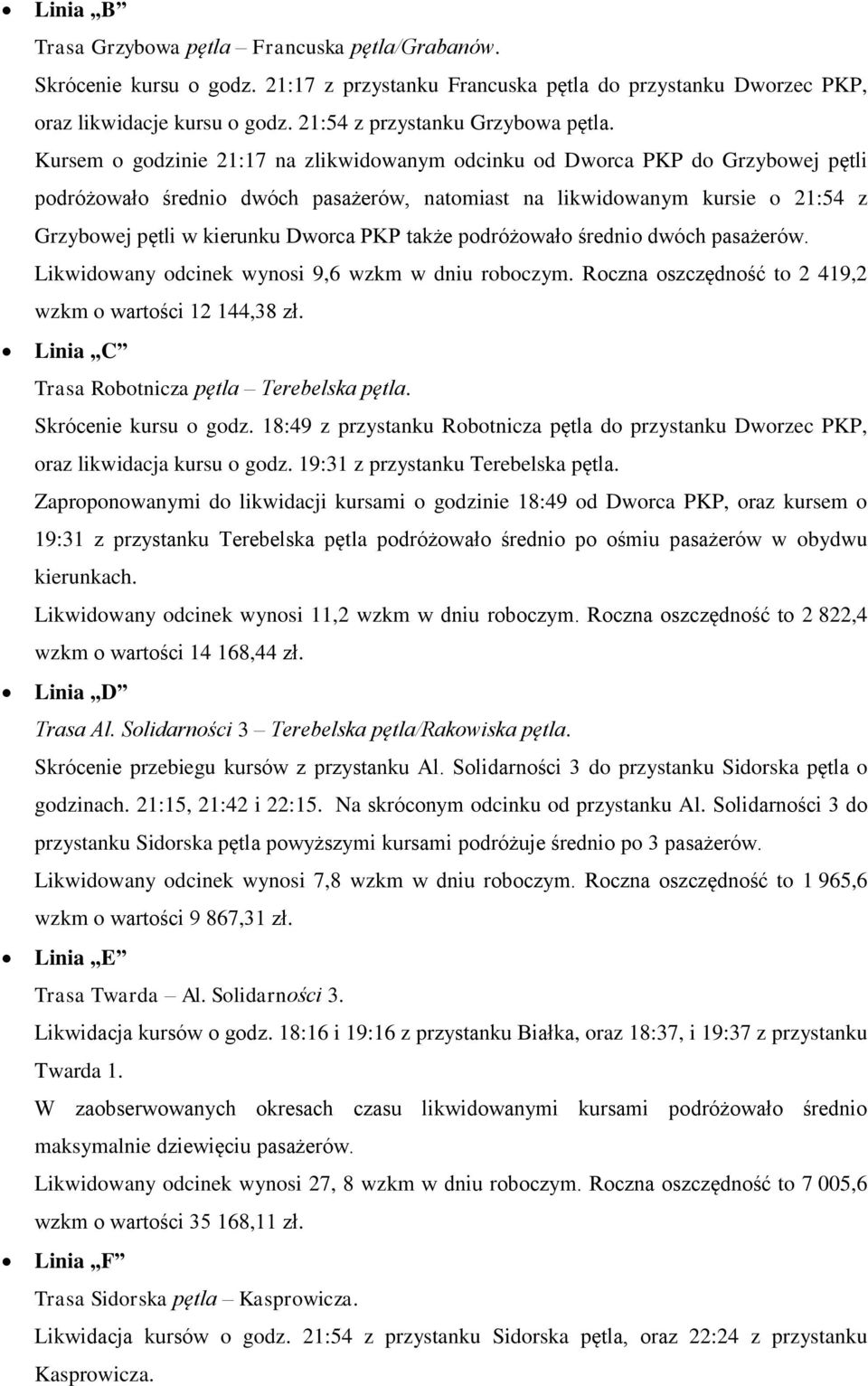 Kursem o godzinie 21:17 na zlikwidowanym odcinku od Dworca PKP do Grzybowej pętli podróżowało średnio dwóch pasażerów, natomiast na likwidowanym kursie o 21:54 z Grzybowej pętli w kierunku Dworca PKP