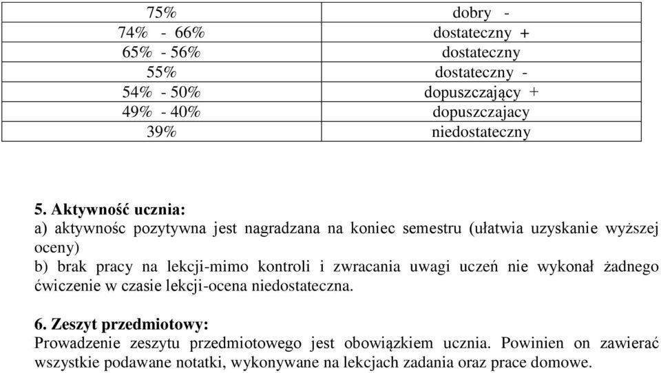 Aktywność ucznia: a) aktywnośc pozytywna jest nagradzana na koniec semestru (ułatwia uzyskanie wyższej oceny) b) brak pracy na lekcji-mimo