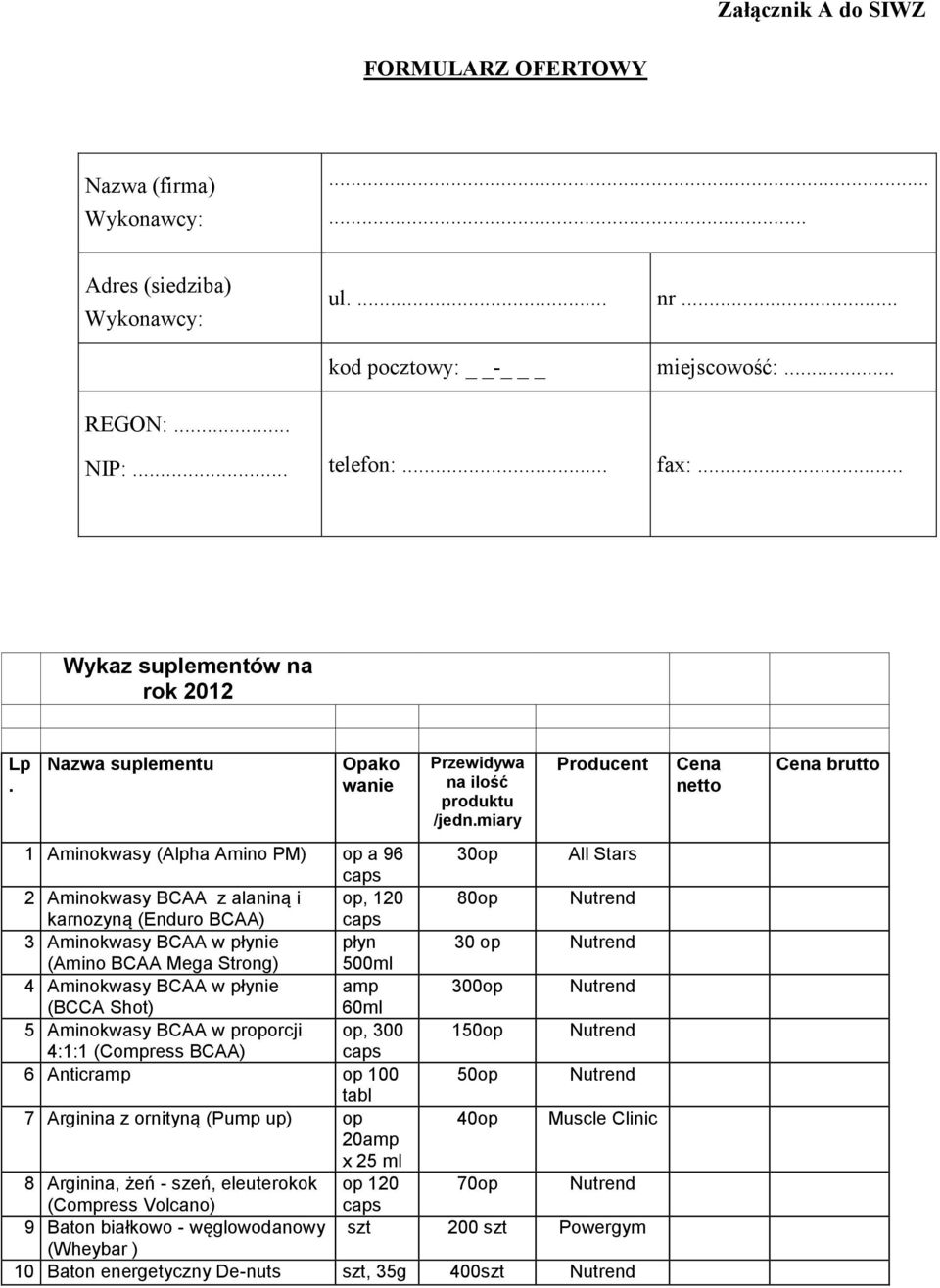 miary Producent 1 Aminokwasy (Alpha Amino PM) op a 96 30op All Stars 2 Aminokwasy BCAA z alaniną i op, 120 80op Nutrend karnozyną (Enduro BCAA) 3 Aminokwasy BCAA w płynie płyn 30 op Nutrend (Amino