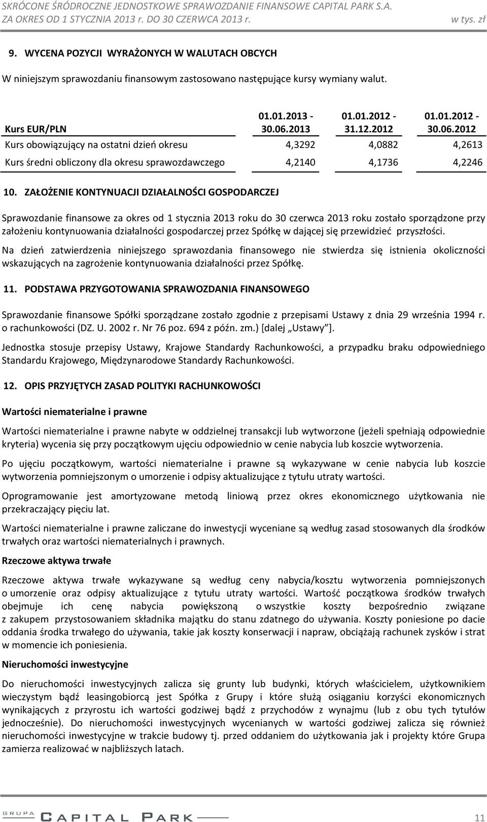 2013 01.01.2012-31.12.2012 01.01.2012-30.06.2012 Kurs obowiązujący na ostatni dzień okresu 4,3292 4,0882 4,2613 Kurs średni obliczony dla okresu sprawozdawczego 4,2140 4,1736 4,2246 10.