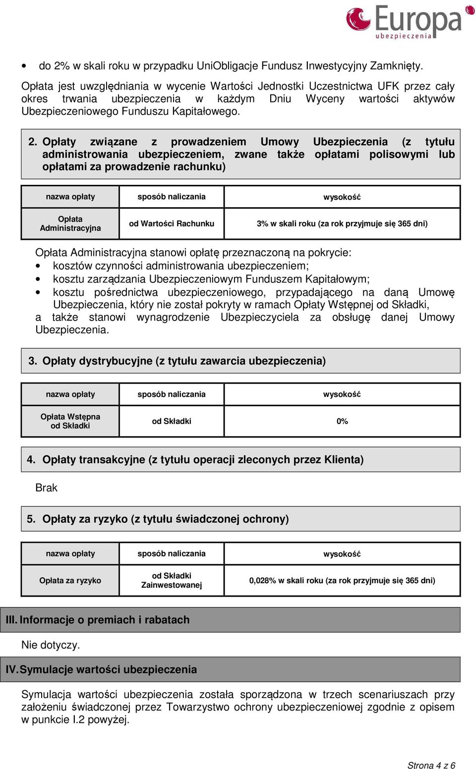 Opłaty związane z prowadzeniem Umowy Ubezpieczenia (z tytułu administrowania ubezpieczeniem, zwane także opłatami polisowymi lub opłatami za prowadzenie rachunku) nazwa opłaty sposób naliczania