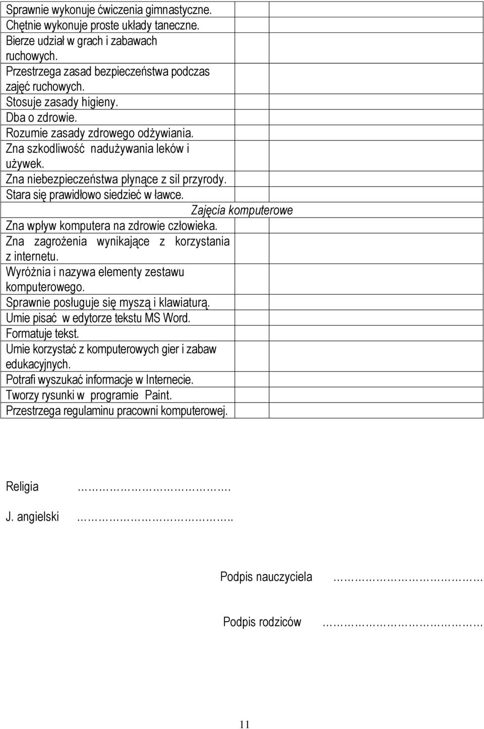 Stara się prawidłowo siedzieć w ławce. Zajęcia komputerowe Zna wpływ komputera na zdrowie człowieka. Zna zagrożenia wynikające z korzystania z internetu.