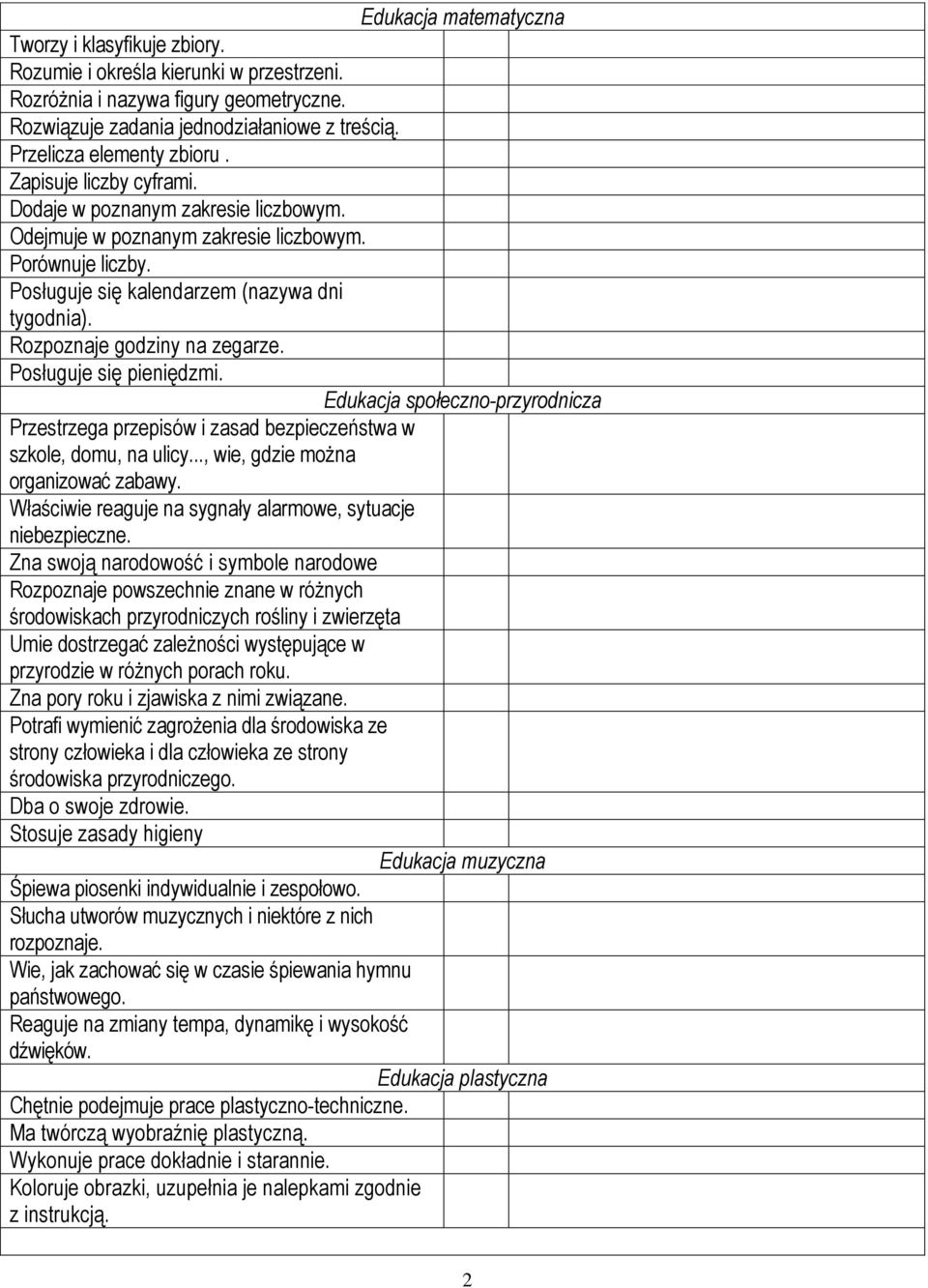 Rozpoznaje godziny na zegarze. Posługuje się pieniędzmi. Edukacja społeczno-przyrodnicza Przestrzega przepisów i zasad bezpieczeństwa w szkole, domu, na ulicy..., wie, gdzie można organizować zabawy.