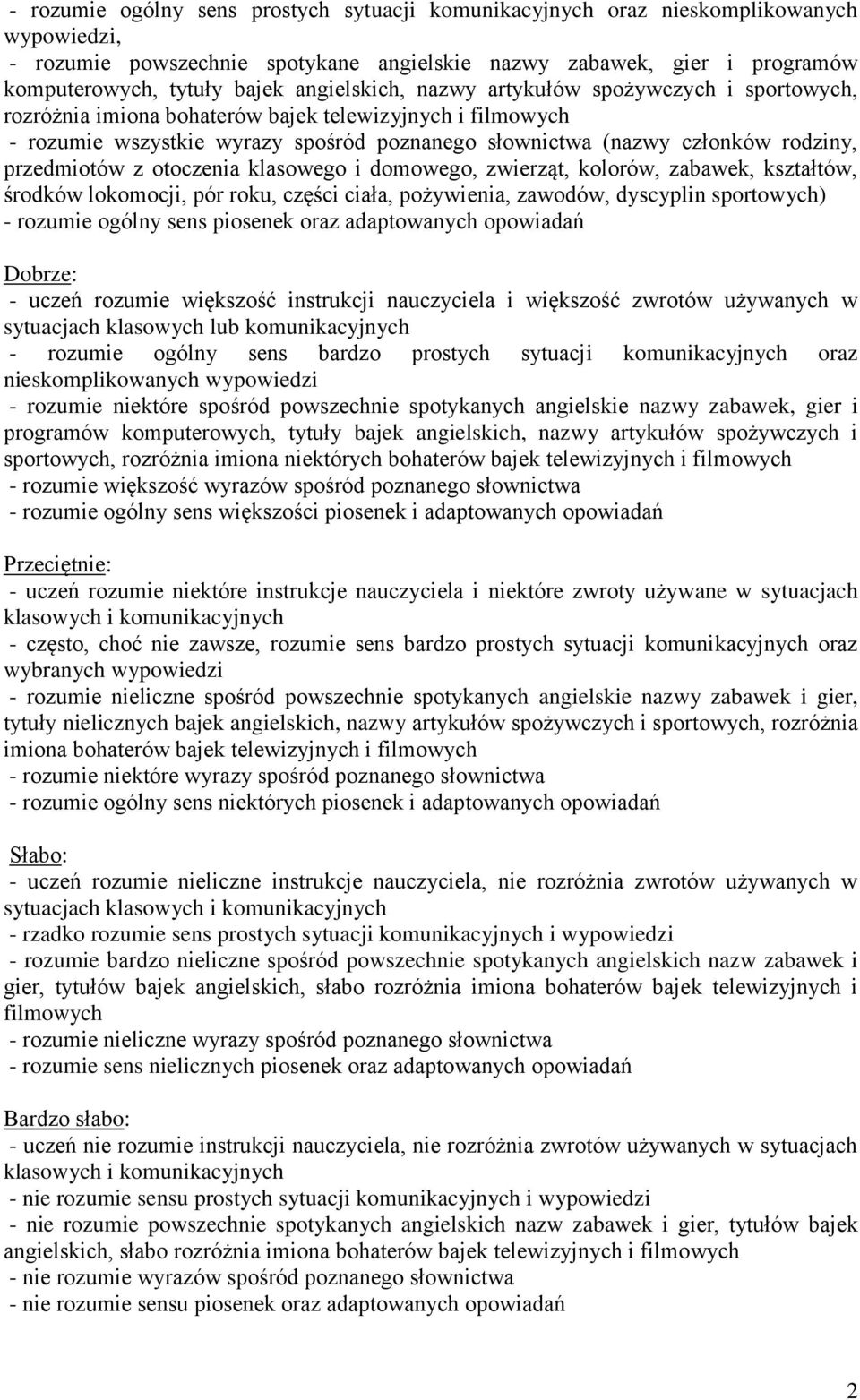 przedmiotów z otoczenia klasowego i domowego, zwierząt, kolorów, zabawek, kształtów, środków lokomocji, pór roku, części ciała, pożywienia, zawodów, dyscyplin sportowych) - rozumie ogólny sens